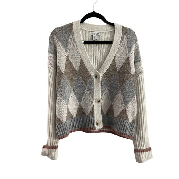 Rachel Zoe Sweaters - Rachel Zoe Wmn S Off White/Brown/Gray Argyle V-Neck 3-Button Cropped Cardigan